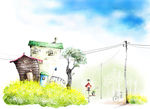 手绘水彩乡村风景插画