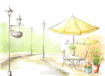 手绘水彩街景一角风光插画