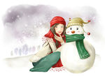 手绘水彩和雪人拍照的女孩插画