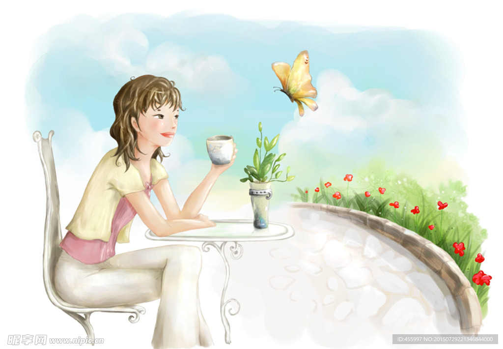 手绘水彩喝咖啡的女孩插画