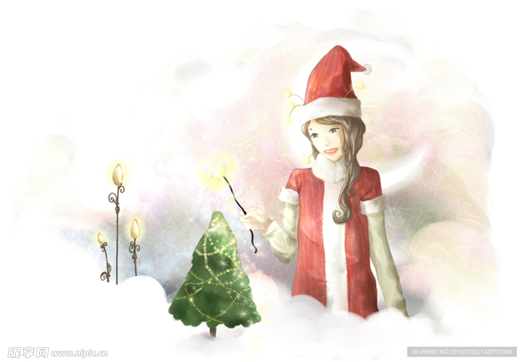 手绘水彩戴圣诞帽的女孩插画