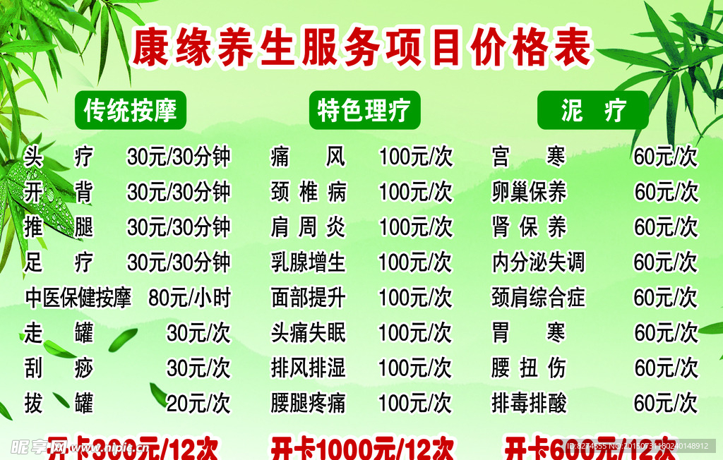 康缘养生价格表展板