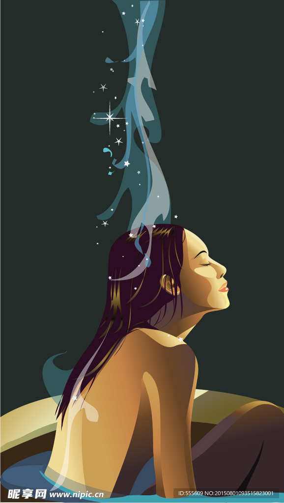 美女温泉SPA场景插画