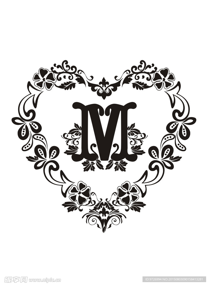 欧式手绘心形M字母环绕花纹