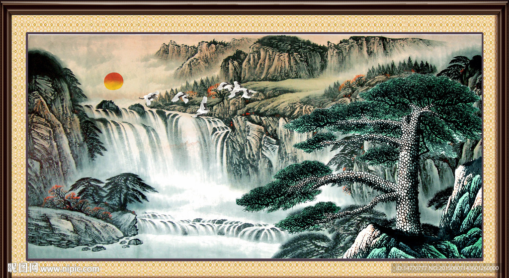 国画迎客松 山水风景
