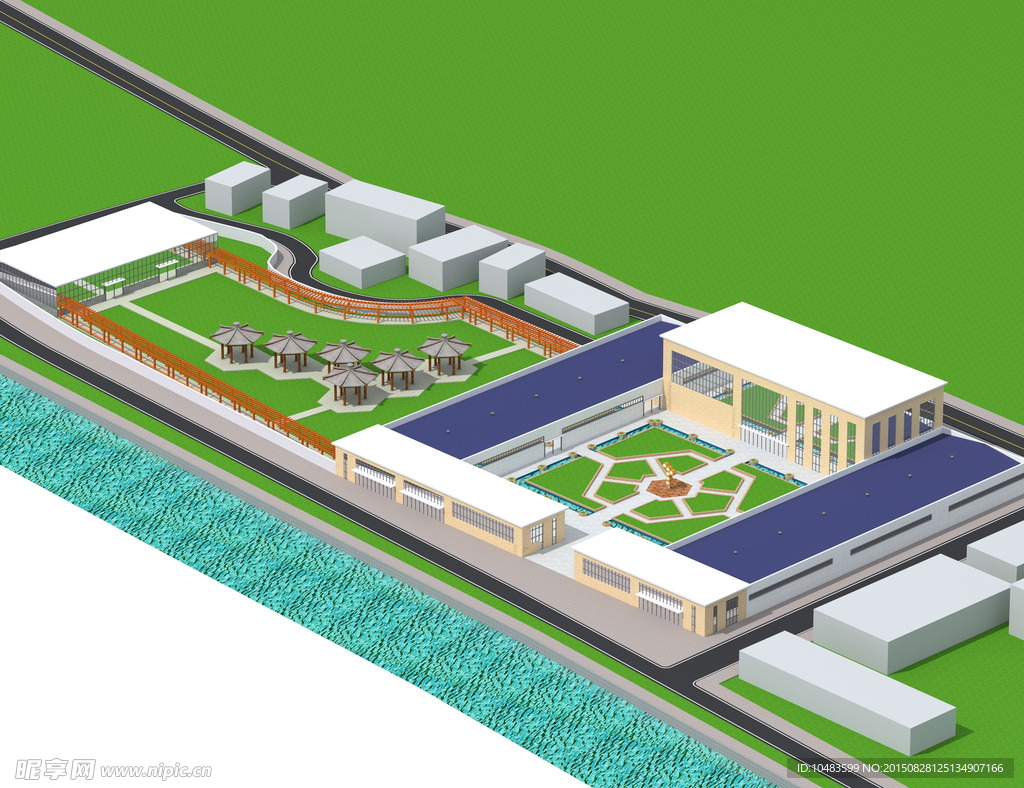 现代工厂办公楼庭院建筑模型