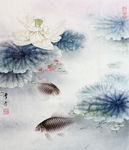 鲤鱼戏荷塘工笔画