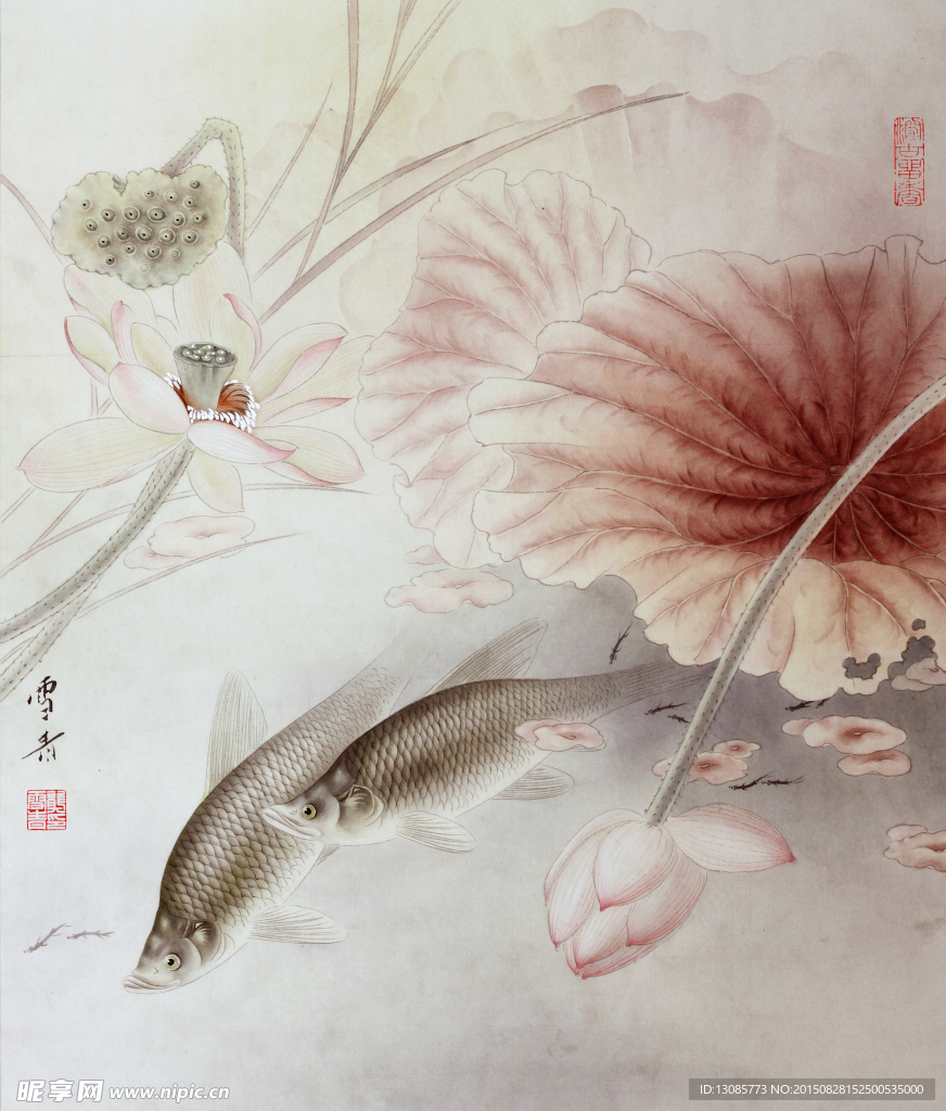 鲤鱼戏荷塘工笔画