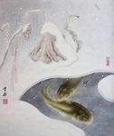 鲤鱼戏荷塘工笔画