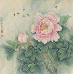 李怀臣高清工笔牡丹轻红蔓引蜂