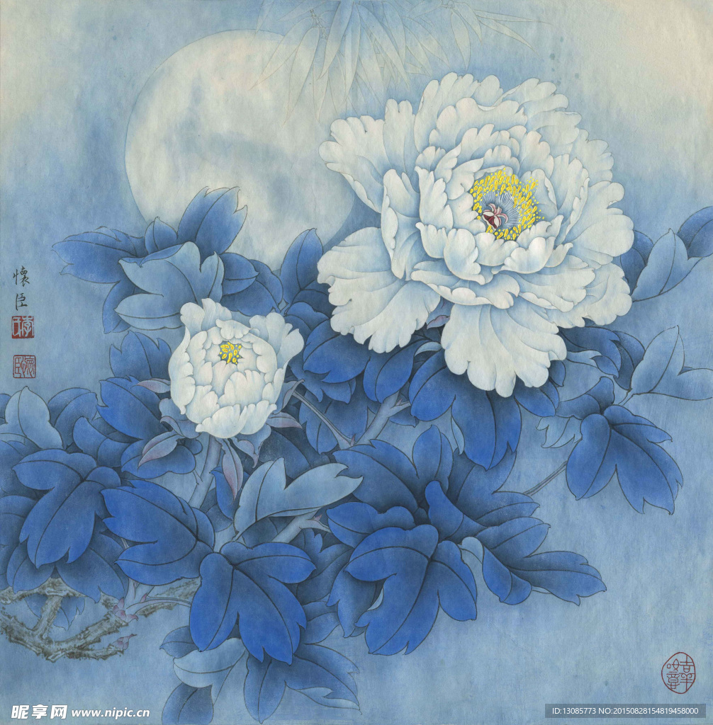 李怀臣高清工笔牡丹月迷花影垂