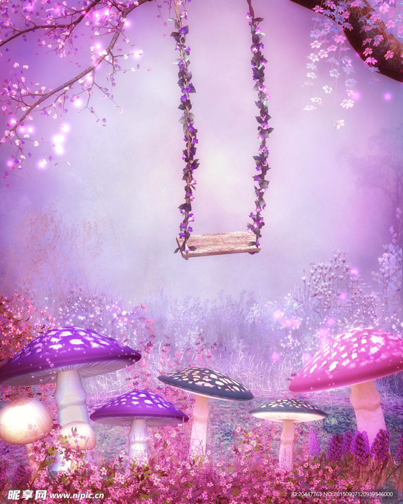 紫色唯美蘑菇秋千背景