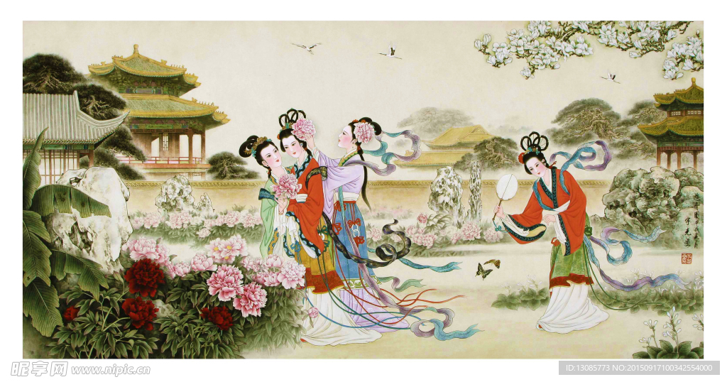 工笔画仕女图游春图