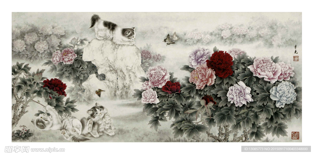 工笔画牡丹小猫