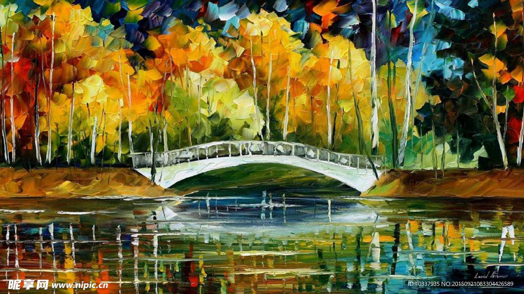 小桥湖景油画