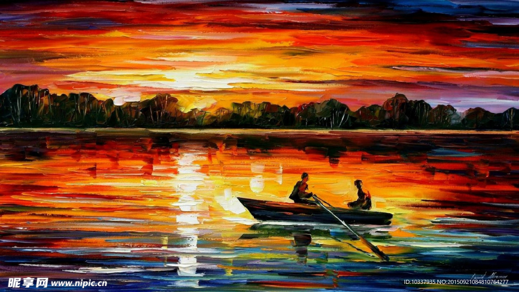 情侣划船湖景油画