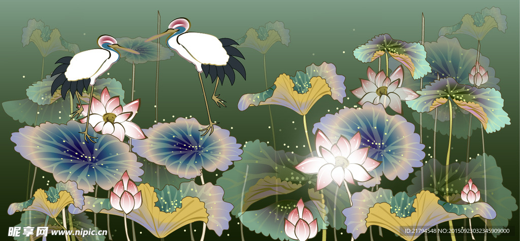 仙鹤荷花