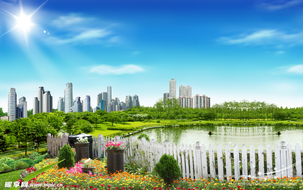 地产楼盘 湖水 繁花 阳光