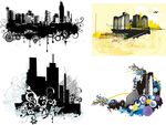 潮流城市建筑水墨插画矢量素材