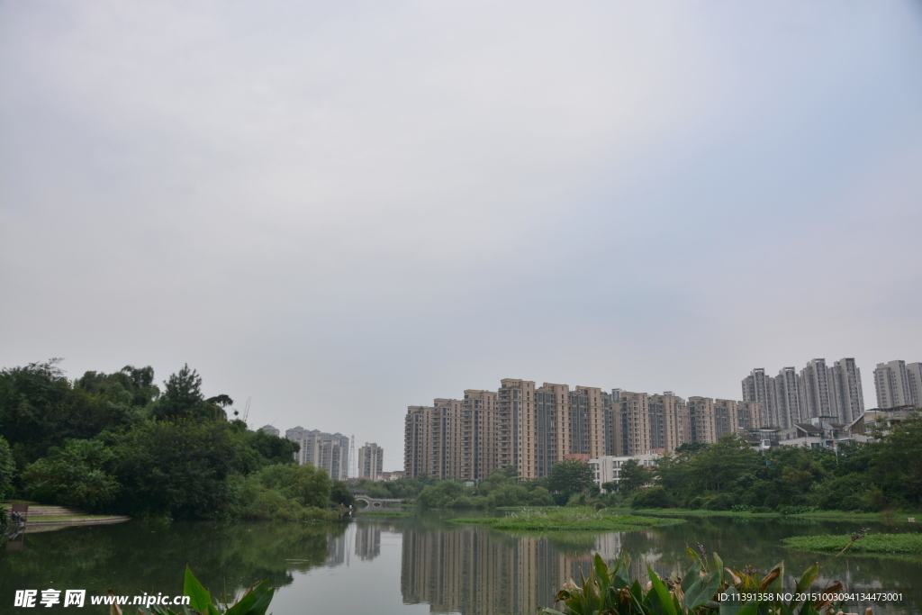 湿地公园高楼倒影