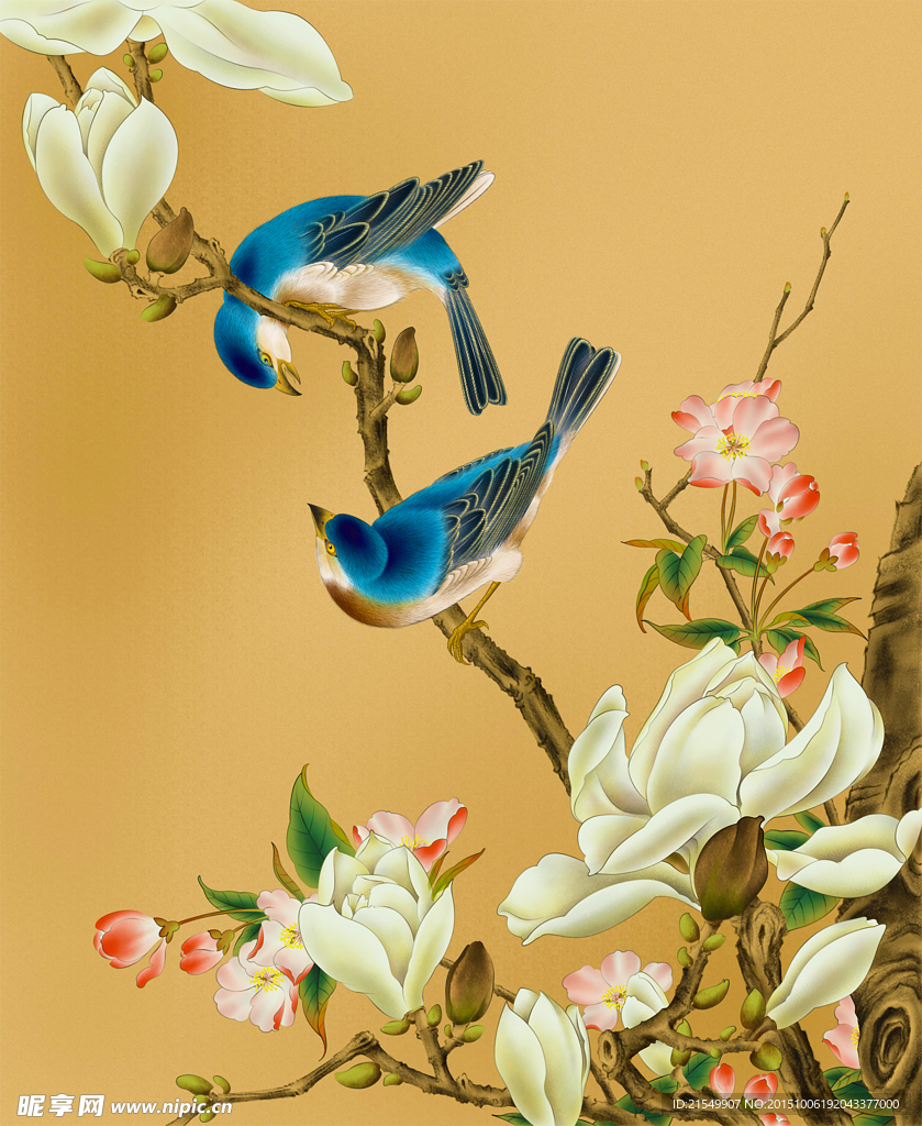 工笔画玉兰花鸟