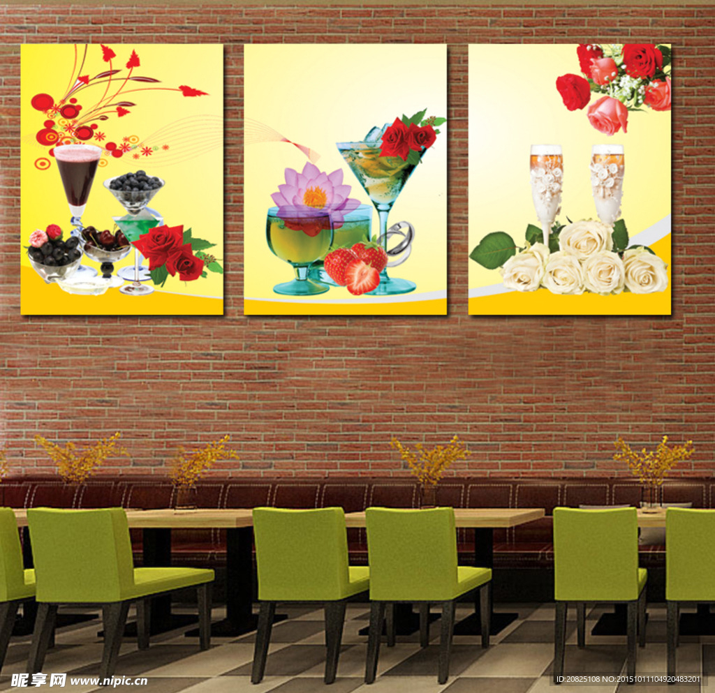 餐厅三联现代酒杯花朵无框画图片