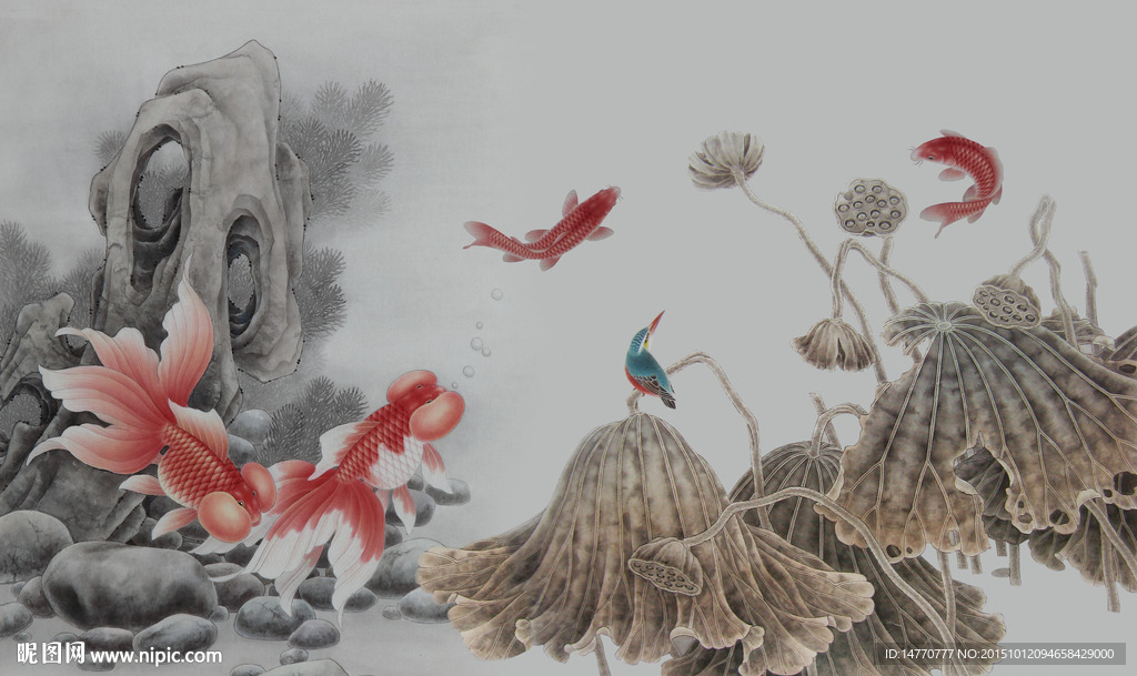 水墨荷花壁画