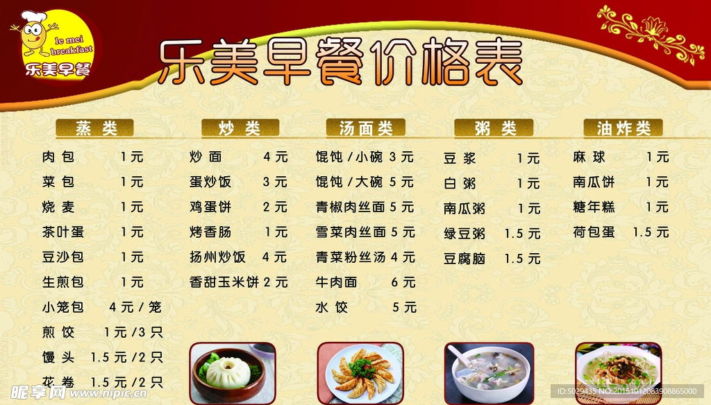 早餐价格表