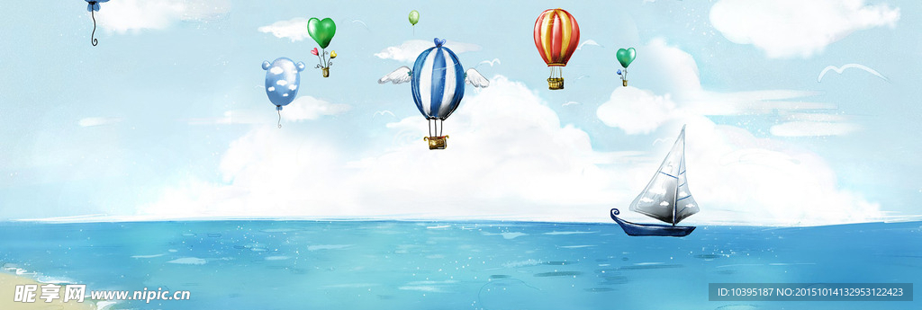 手绘热气球船帆大海背景素材