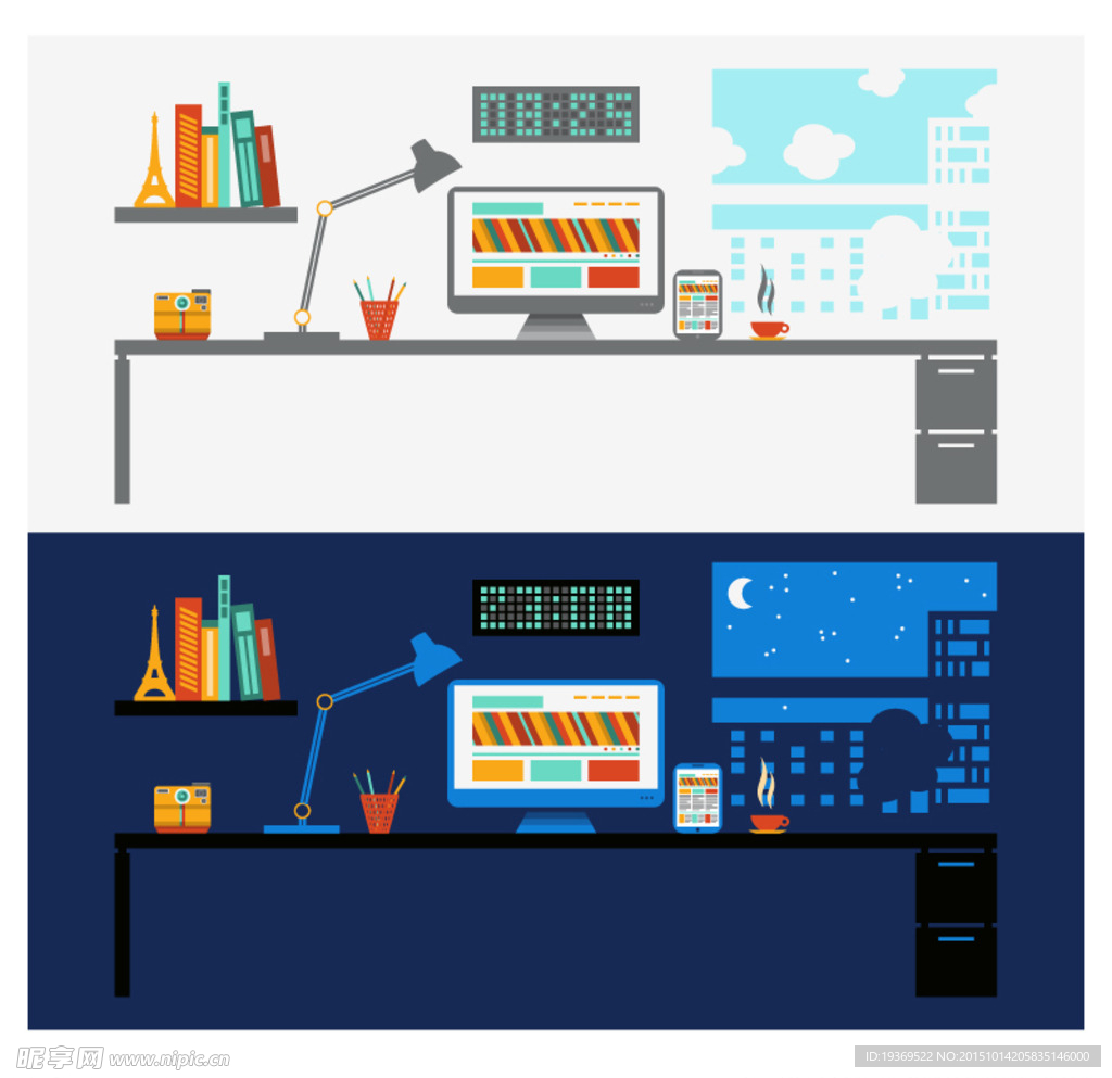 卡通工作台日与夜背景矢量素材