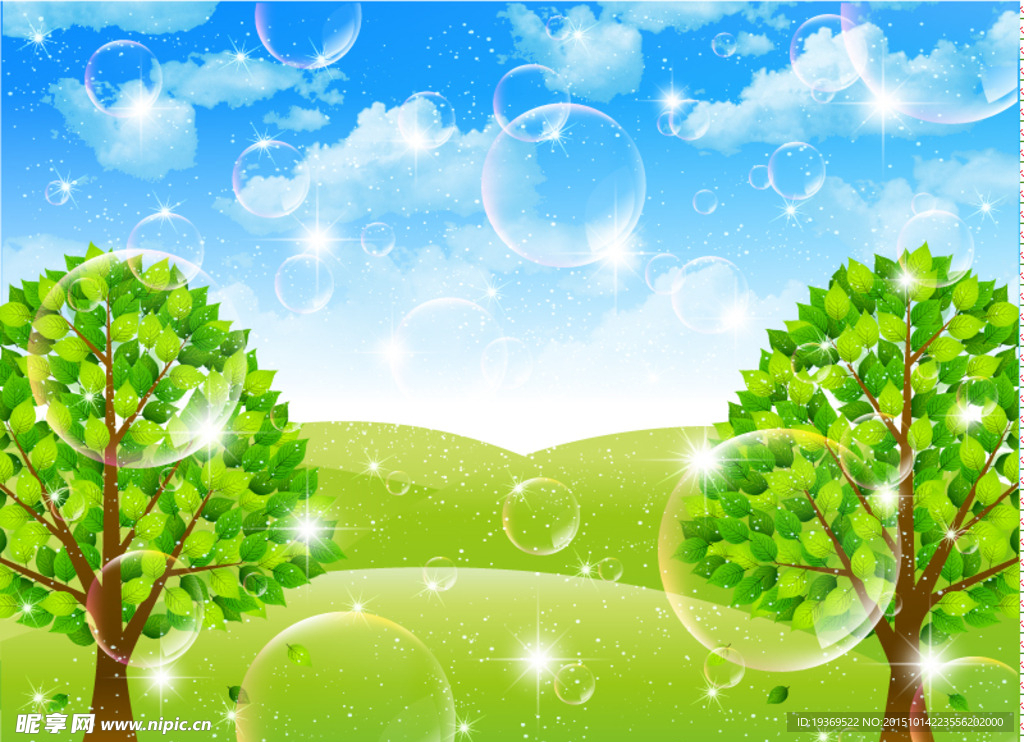 梦幻气泡绿树背景矢量素材