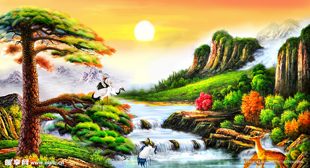 迎客松插画油画图片