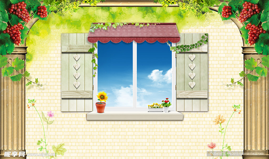 欧式窗户蔷薇风景3D背景墙