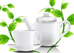 白色茶具与绿叶矢量素材