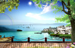 湖水彩虹渡口风景图