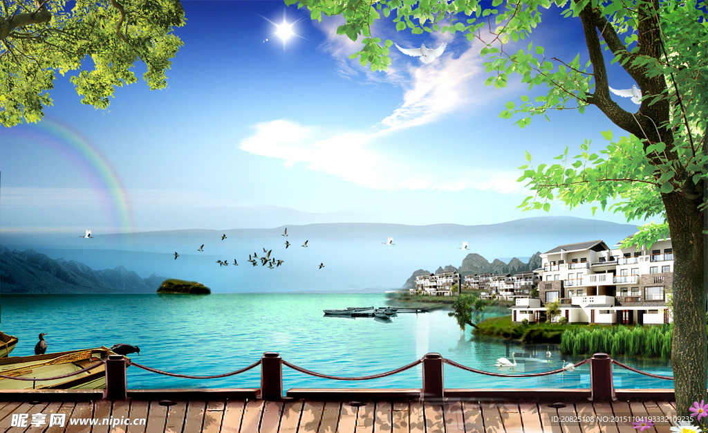 湖水彩虹渡口风景图