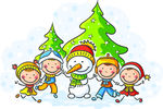 彩绘雪景雪人及小孩