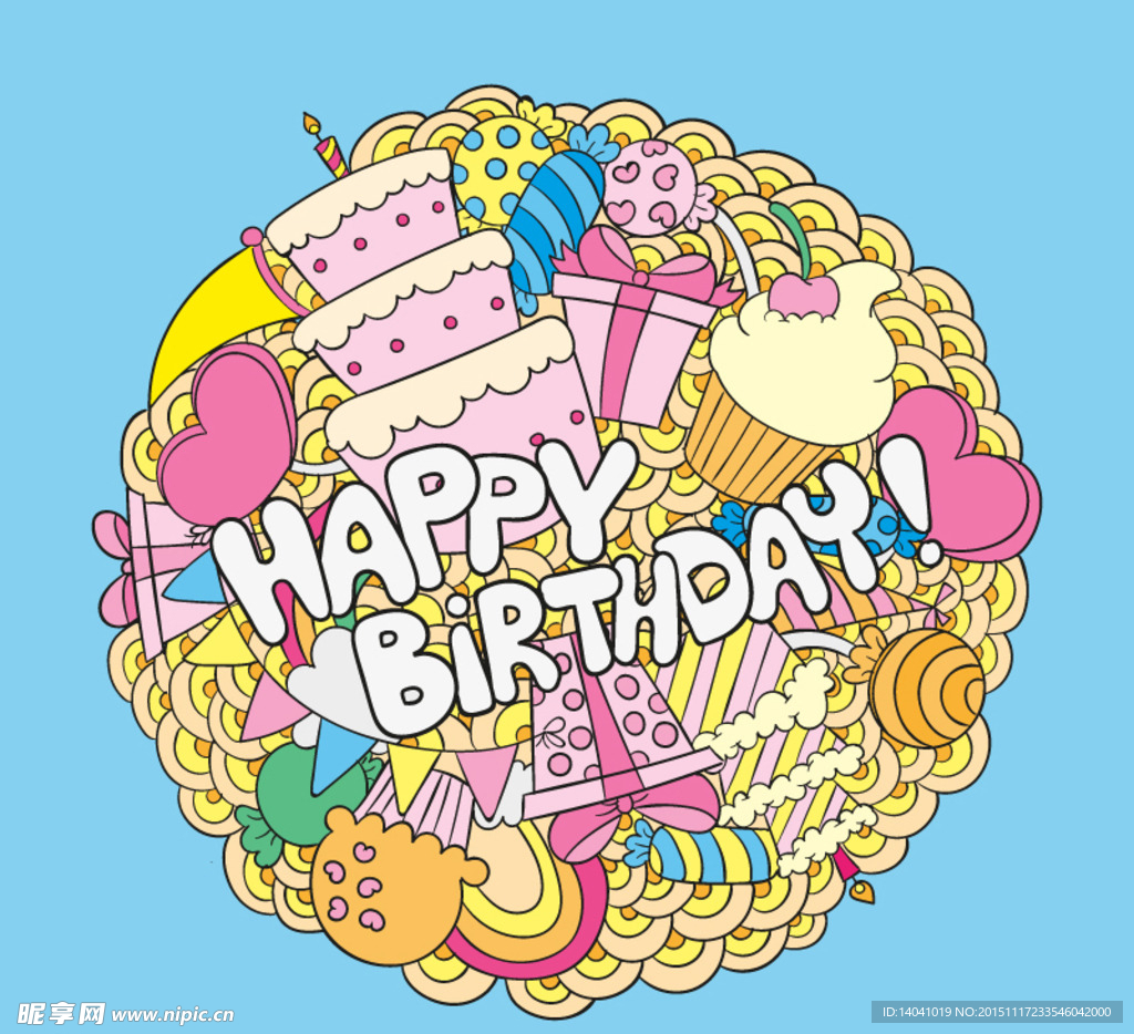 卡通元素圆形生日贺卡