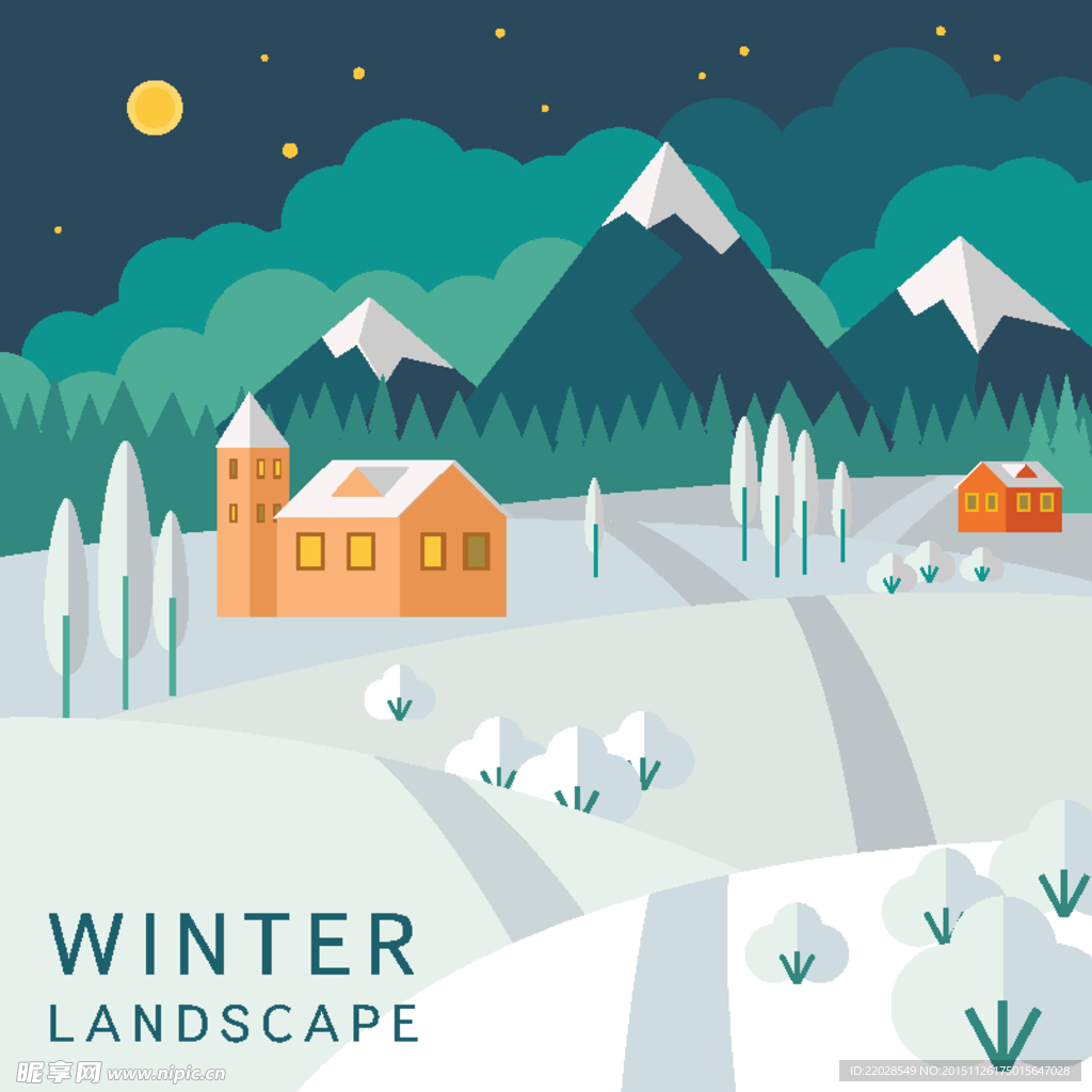 冬天冬季下雪 雪山小屋卡通可爱