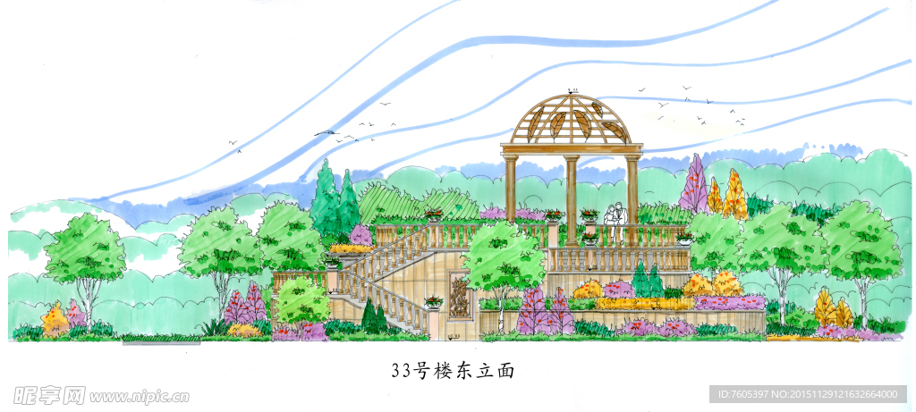 手绘景观小区立面高清彩色效果图