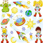 宇宙飞船外星人小孩子卡通矢量人