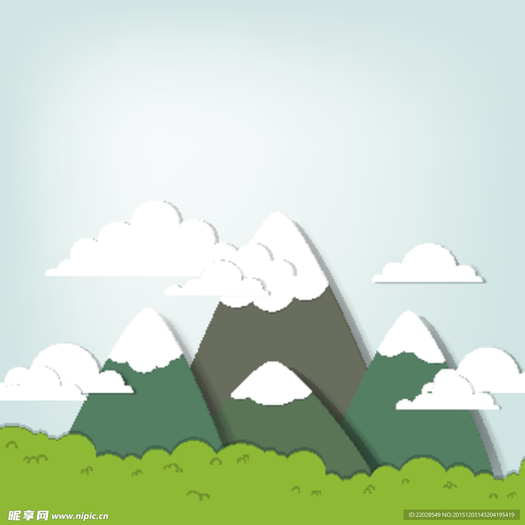卡通可爱白云高山草地扁平化