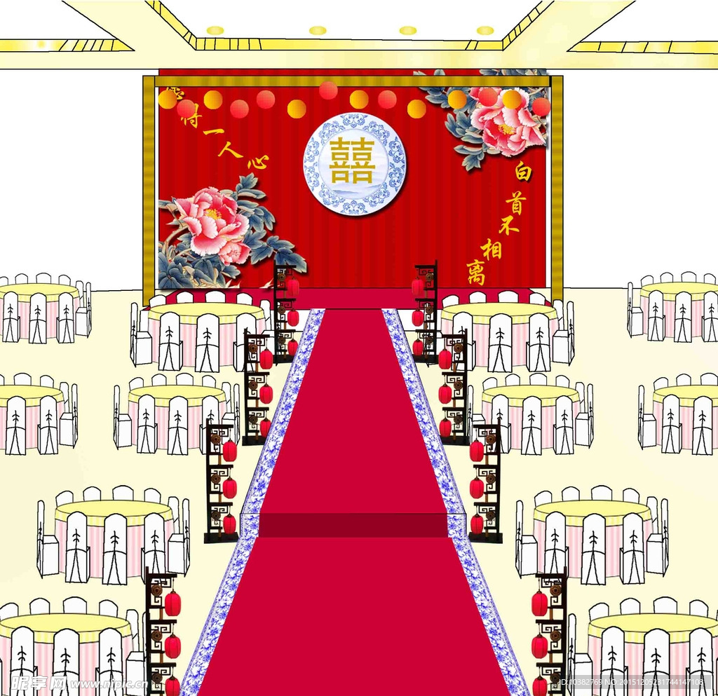 红色中国风中式婚礼舞台效果图
