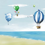 卡通 热气球 大海 小船 天空