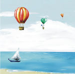 卡通 热气球 大海 小船 天空