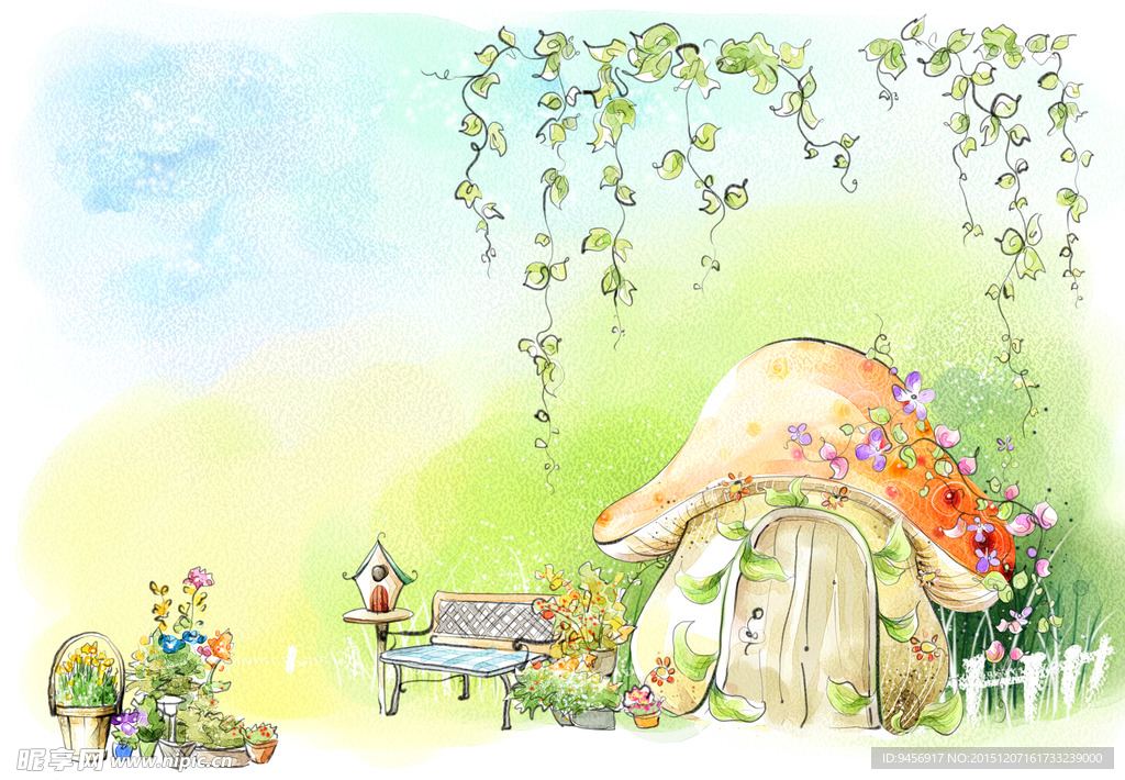 蘑菇小屋童话风景插画