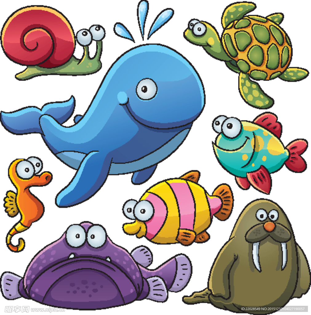 卡通可爱鲸鱼海狮海豹蜗牛鱼类