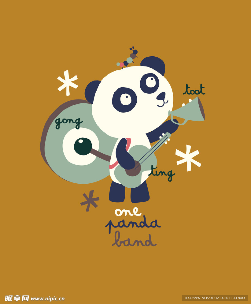 卡通熊猫吉他印花图案