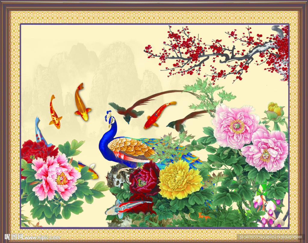 孔雀牡丹装饰画