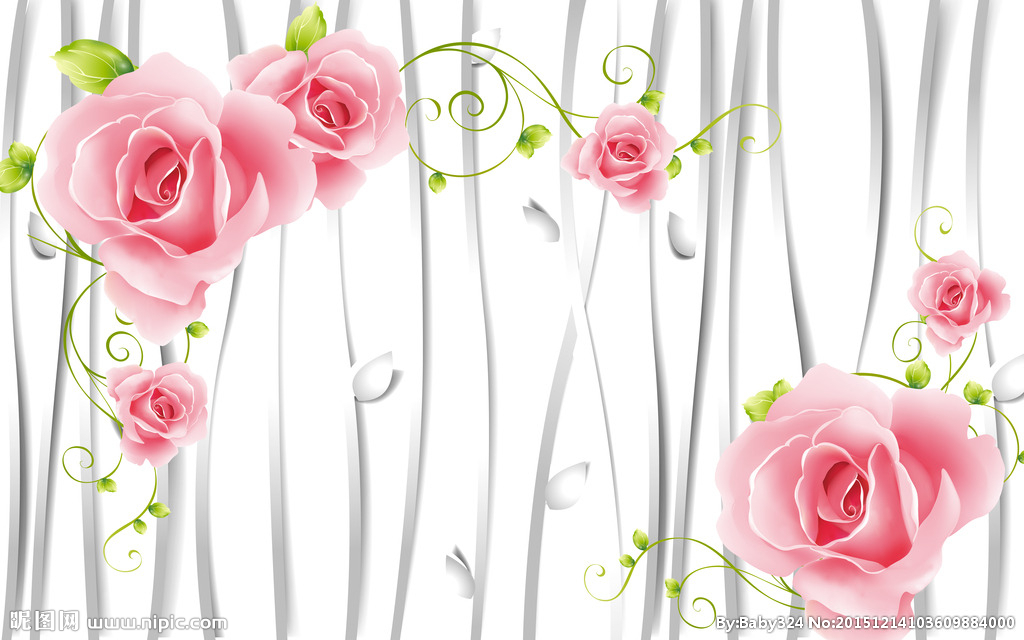 3D藤蔓树叶粉色玫瑰花电视背景